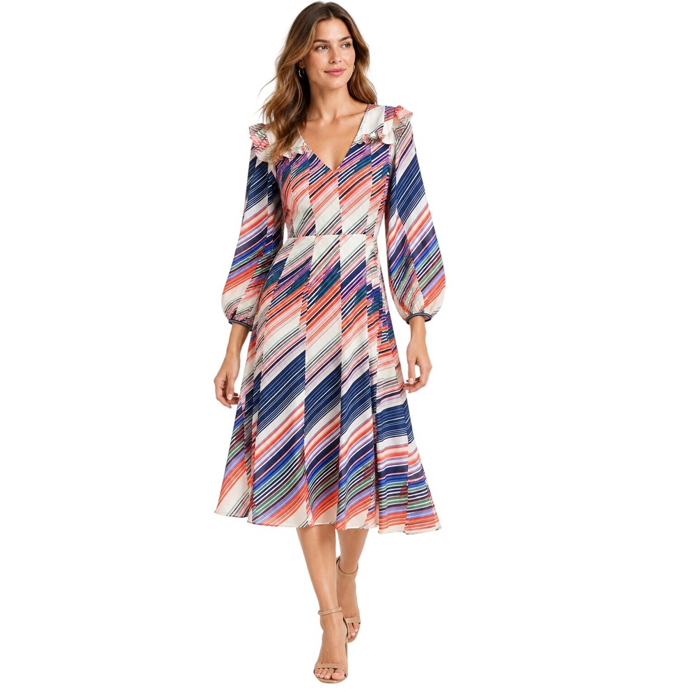Traffic People Carrie Dress Womens Medium Multi New Striped Ruffle Midi